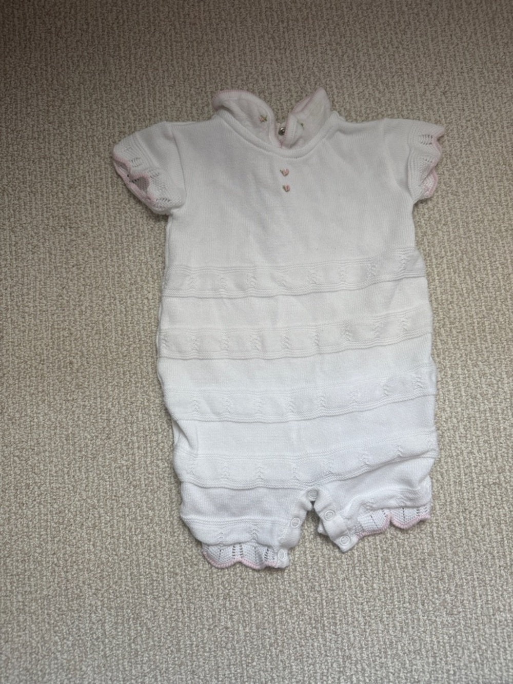 White Knit Baby Romper with Pink Trim